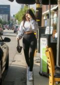 Madison Beer looks fab in a blue crop top and black leggings as she waits  for