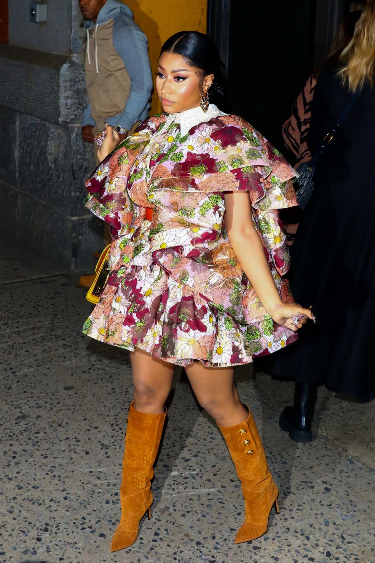 nicki minaj dons a floral print dress while attending the marc jacobs show  during nyfw 2020 in new york city-120220_7