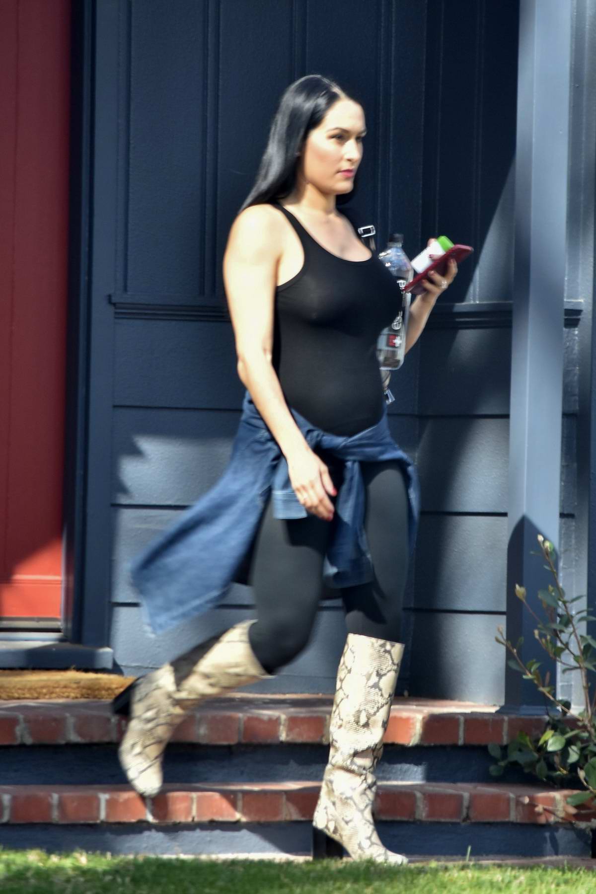 nikki bella rocks a black spandex jumpsuit and snakeskin boots while  visiting a friend in brentwood, california-290220_9
