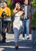 Vanessa Hudgens steps out for lunch wearing a white strawberry-patterned dress in Los Feliz, California
