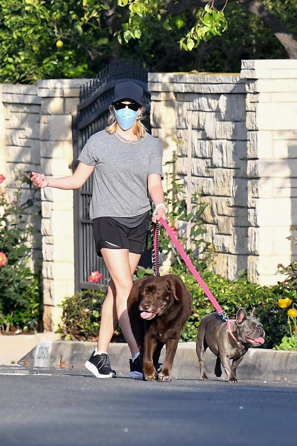 Reese Witherspoon wears a tee and shorts as she takes her dogs for a ...