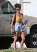 Sarah Hyland seen wearing a yellow crop top and denim cut-offs as she arrives back from a dog park in Los Angeles