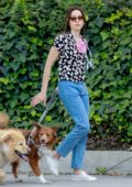 Aubrey Plaza and Jeff Baena take their two dogs out for their walk in Los Feliz, California