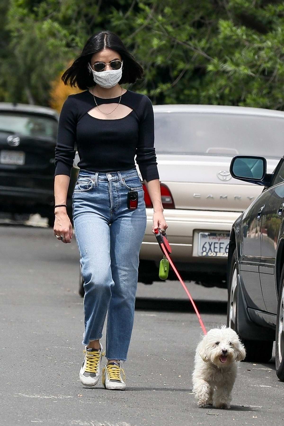 Lucy Hale takes her dog Elvis out for his daily walk in Los Angeles