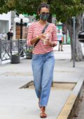 Jordana Brewster steps out with her kids and her dog to get some coffee at Blue bottle cafe in Brentwood, California