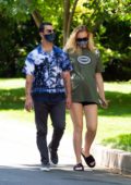 Sophie Turner wears an oversized tee and shorts while out on a stroll with Joe Jonas in Los Angeles