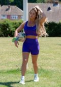 Bianca Gascoigne gets in her workout by playing some football at a local park in Kent, UK