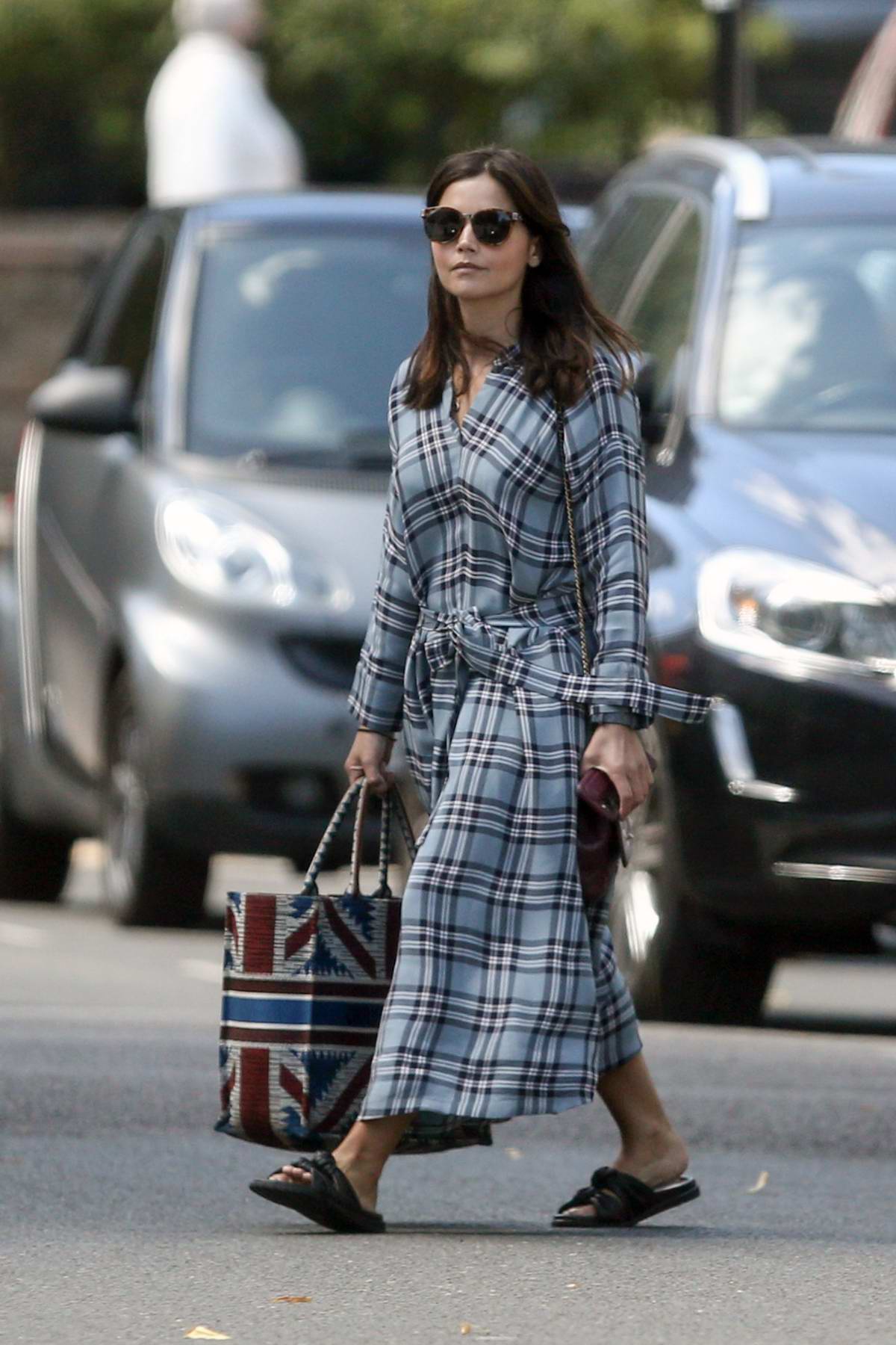 jenna coleman seen wearing a plaid robe dress as she leaves her new home in  london, uk-230720_1