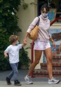 Jordana Brewster dons pink tie-dye shorts as she steps out for a morning smoothie with her son in Los Angeles