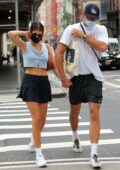 Kaia Gerber flaunts her long legs in a mini skirt while stepping out with boyfriend Jacob Elordi in New York City