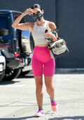 Lucy Hale stands out in hot pink legging shorts while heading for a workout in Studio City, California