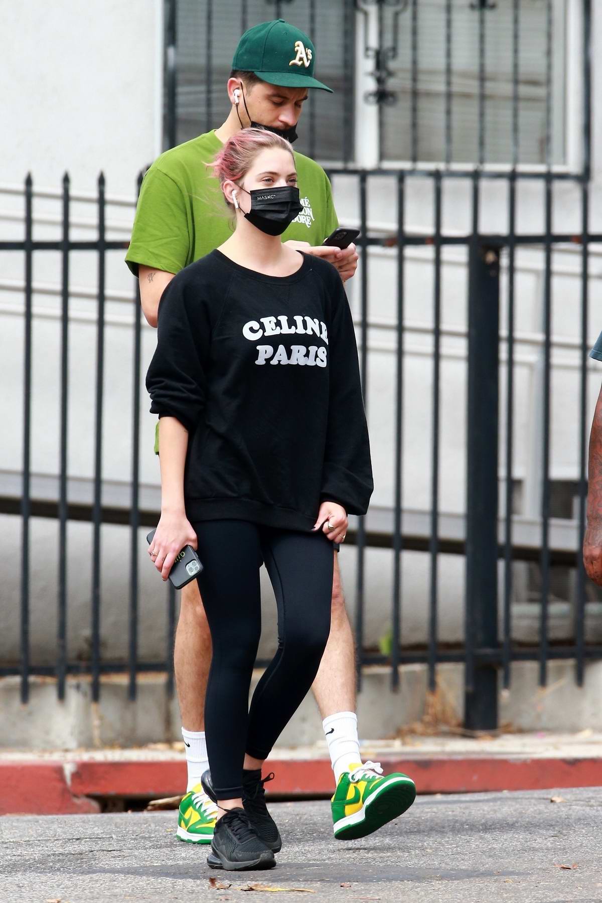 Ashley Benson sports black 'Celine' sweatshirt and leggings while making a  coffee run with boyfriend G