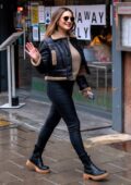 Kelly Brook looks stylish in all-black leather ensemble as she arrives at Global Studios in London, UK