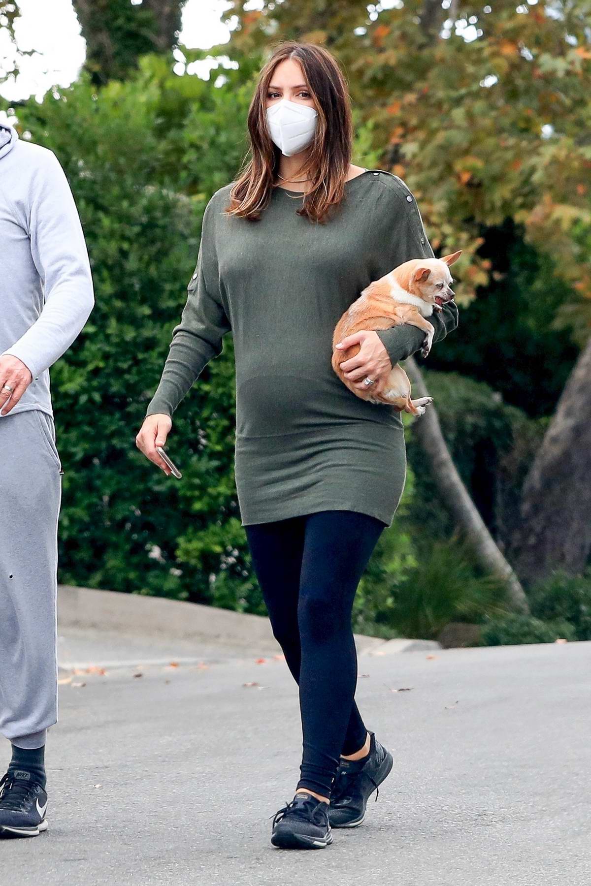 Katharine McPhee shows her growing baby bump in a long top and leggings  while out in