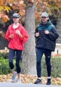 Margaret Qualley and Shia LaBeouf enjoy an early morning run around the neighborhood in Pasadena, California
