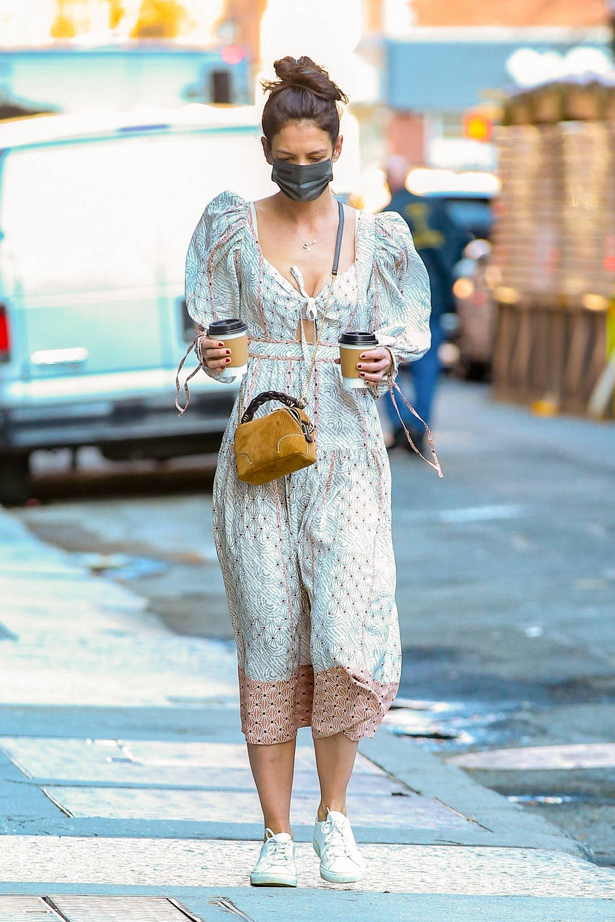 katie holmes looks cool in a boho-chic dress paired with white ...