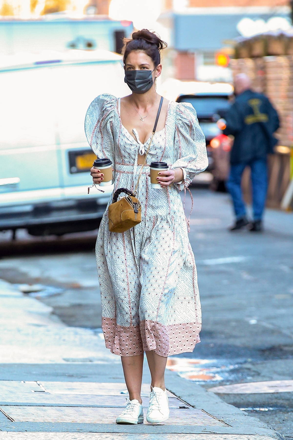 katie holmes looks cool in a boho-chic dress paired with white ...