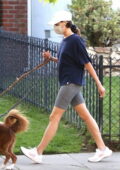 Aubrey Plaza keeps it casual with a tee and legging shorts while walking her dogs in Los Feliz, California