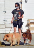 Aubrey Plaza steps out wearing a vintage 'Snoop Dog' tee and legging shorts while walking her dogs in Los Feliz, California