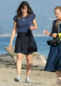 Jennifer Garner seen wearing a blue top and short black skirt during a photoshoot on the beach in Santa Barbara, California