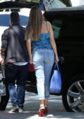 sofia vergara wears a blue animal print blouse and skin-tight jeans as she  arrives at agt taping in los angeles-190421_7