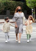 Eva Mendes gets dressed in a Spring dress while out with her girls in Los Feliz, California