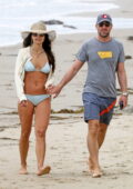 Jordana Brewster dons a light blue bikini while enjoying a beach day with Mason Morfit in Santa Monica, California