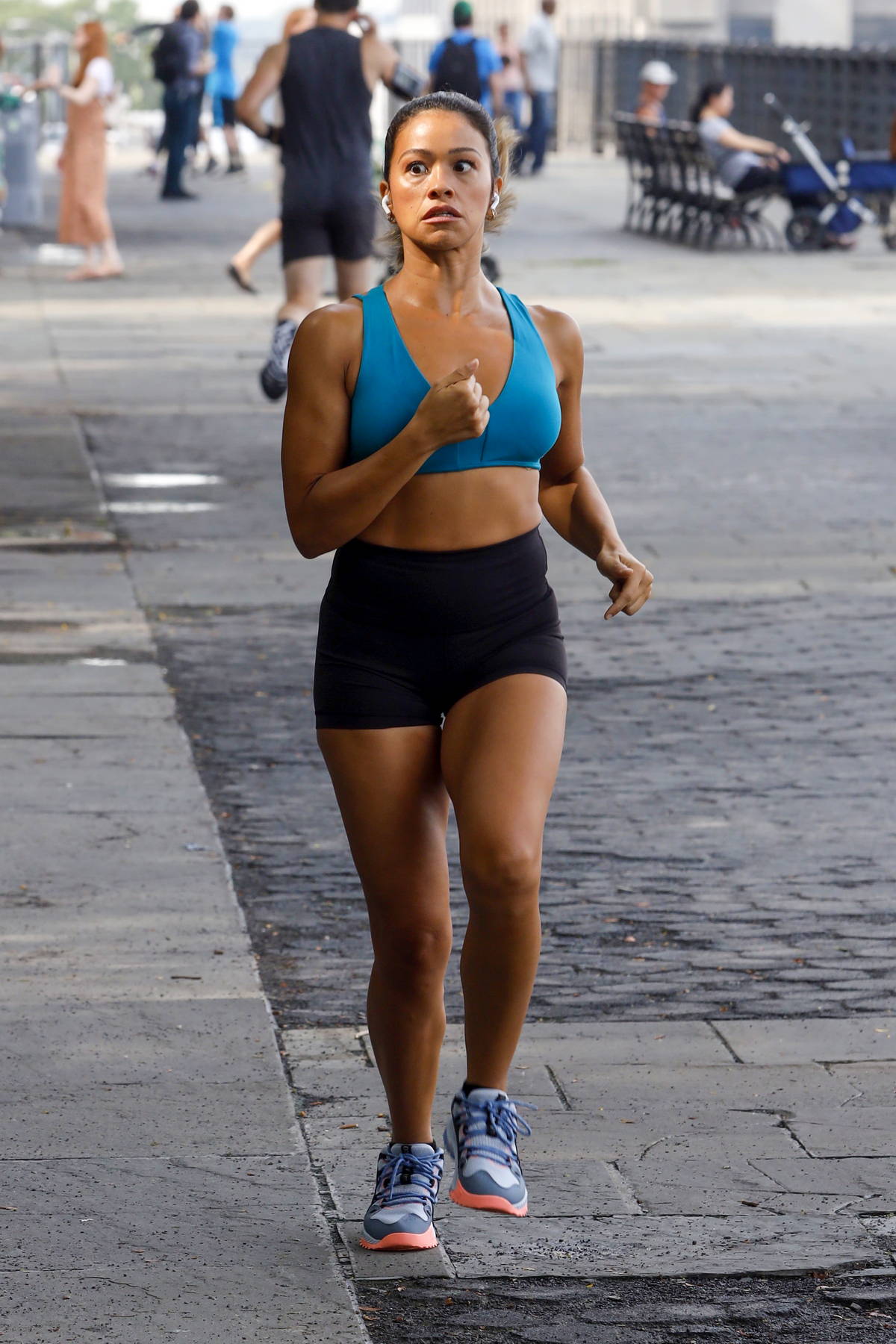 gina rodriguez seen filming a jogging scene with tom ellis for