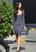 Megan Fox looks stunning in a dark grey bodycon dress as she arrives at 'Jimmy Kimmel Live!' in Hollywood, California