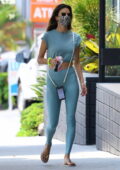 Alessandra Ambrosio looks fit in a set of teal crop top and leggings while  attending her Pilates class in Los Angeles