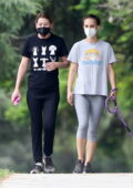 Natalie Portman wears a grey tee and leggings while out for a hike with Ellen Pompeo in Los Feliz, California