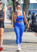 Vanessa Hudgens displays her taut physique in a blue crop top and leggings after wrapping up a workout in Los Angeles