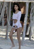 Chantel Jeffries shows off washboard abs in white co-ords during a beach day with Diplo at a Beach Resort in Tulum, Mexico