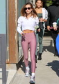 Hailey Bieber wears pink Leggings Arriving @ Forma Pilates Class