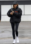 Hailey Bieber wears Grey Prada Puffer Jacket @ Pilates Class in Los Angeles