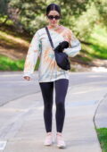 Lucy Hale wears a tie-dye sweatshirt and black leggings for an afternoon hike in Los Angeles