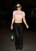 Charli XCX bares her midriff in a pink crop top while arriving at Sexy Fish restaurant in London, UK