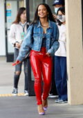 Karrueche Tran dons leather leggings and knee-high platform boots while out  in Studio City, California