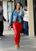 Christina Milian rocks bright red latex pants while out for her daughter's birthday party in Studio City, California