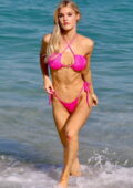 Joy Corrigan sizzles in a pink bikini while posing for some photos on the beach in Miami, Florida