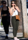 lucy hale looks athletic in olive green leggings and a white tank top while  out for a workout session in los angeles-141021_4