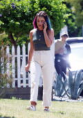 Lucy Hale sports pink and blue hair while on the set of a new project in Los Angeles