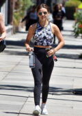 Lucy Hale sports a patterned top and black leggings as she leaves a Pilates class and picks up some groceries in Los Angeles