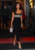 Vanessa Hudgens looks amazing in a black dress as she heads out of her hotel ahead of the Met Gala in New York City