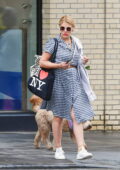 Busy Philipps wears a checkered buttoned-down dress and sneakers while out for walk with her pooch in New York City