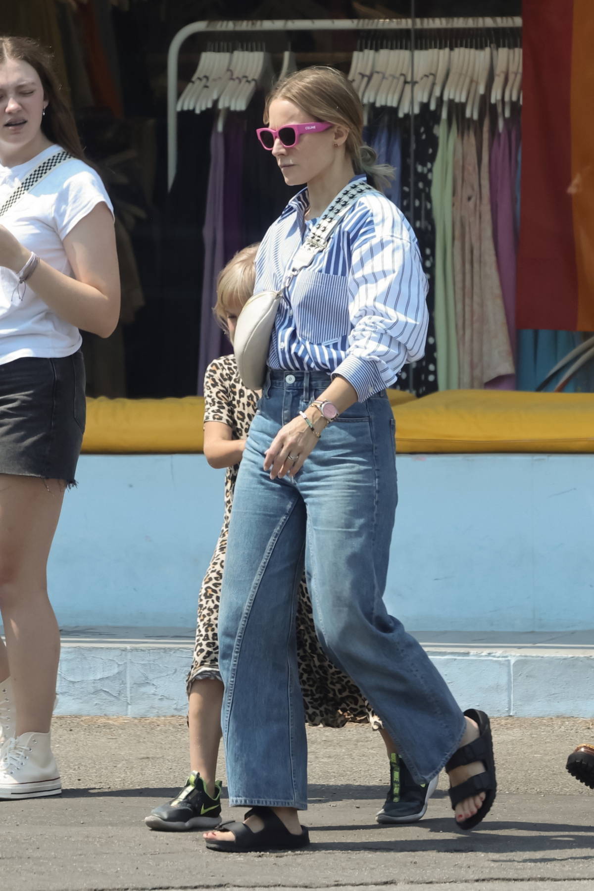 kristen bell wears striped blue shirt and jeans for a shopping trip with  her daughter in west hollywood, california-230722_7