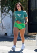 Addison Rae flaunts her legs in tiny green shorts while leaving her Pilates class in West Hollywood, California