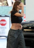 Hailey Bieber shows off toned midriff in plain crop top at Revolve