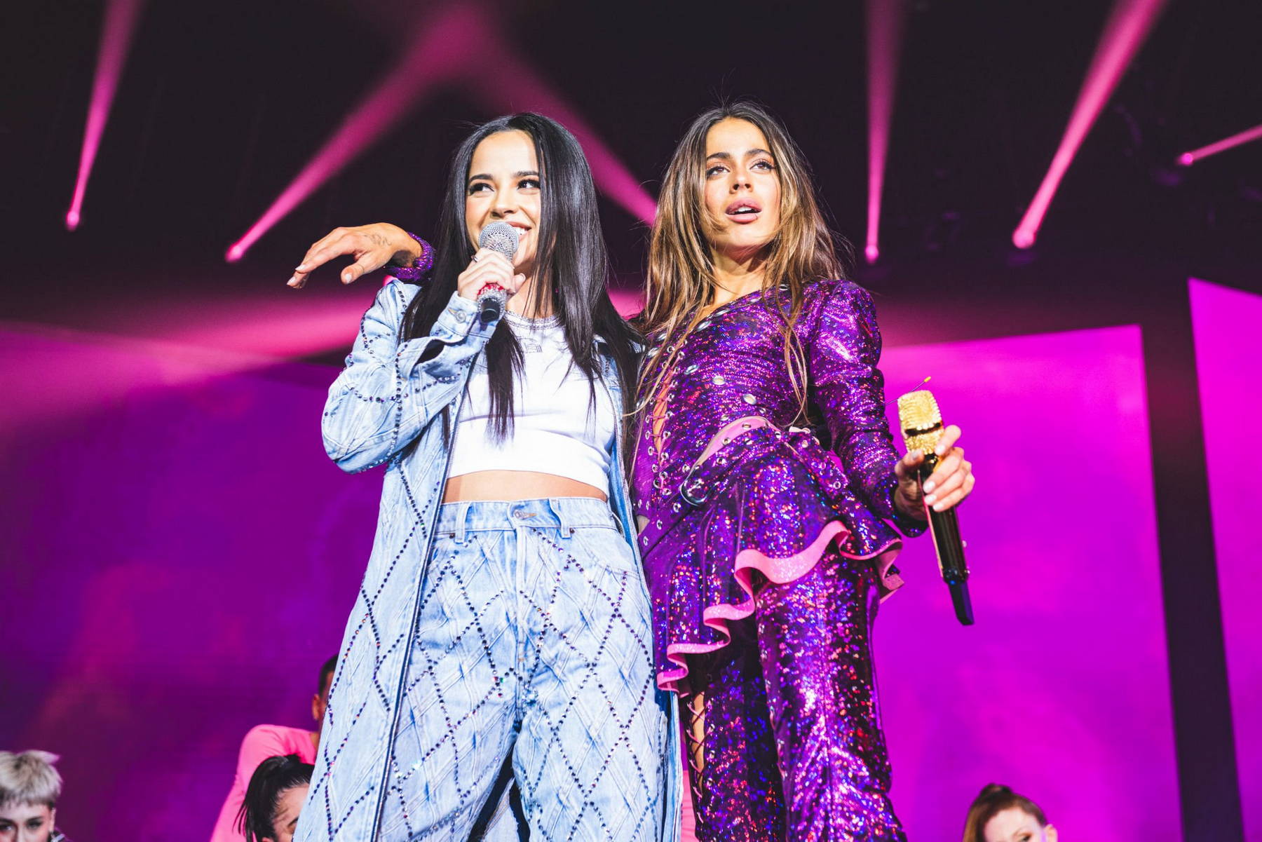 Becky G and Tini Stoessel perform on stage at Wizink Center in Madrid, Spain