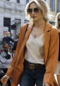 Paris Jackson looks stylish in a tan shirt with a beige camisole